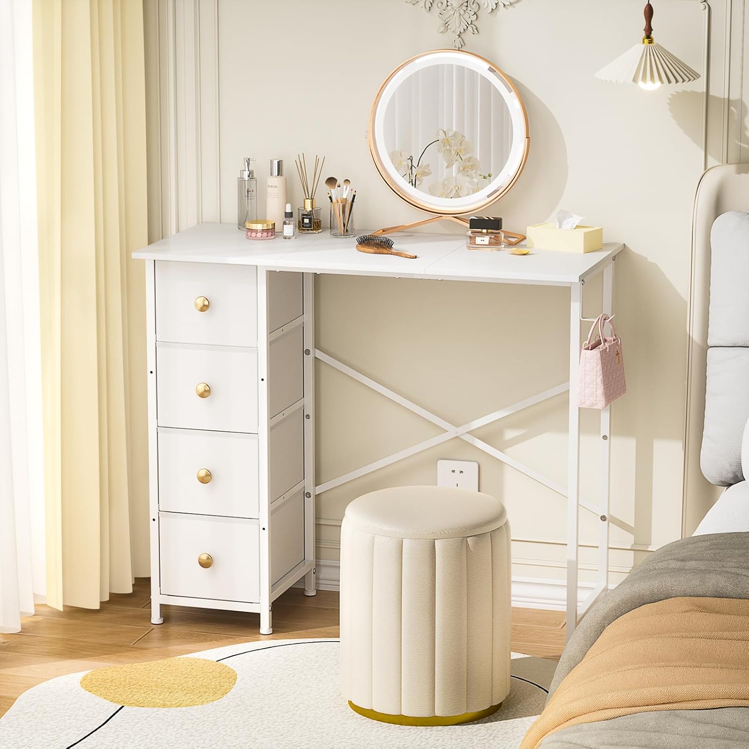 Vanity Desk No Mirror, Small Makeup Vanity with 4 Fabric Drawers, White Dressing Table for Small Spaces, 35.4 Inches Girls Makeup Table Bedroom