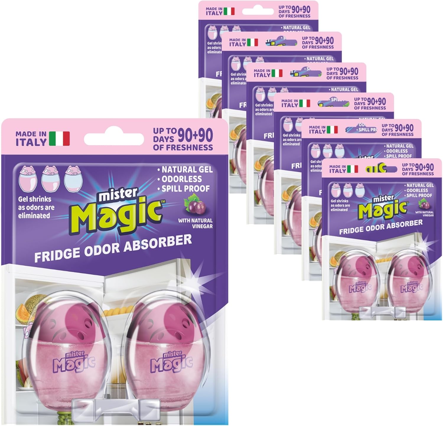 Mister Magic Refrigerator Odor Absorber – Lemon Formula Gel, Odorless Fridge Deodorizer, Neutralizes Food Odors, Lasts Up to 90 Days, Safe for Food, Kitchen Supplies (6 Pack, Contains 12 Units)