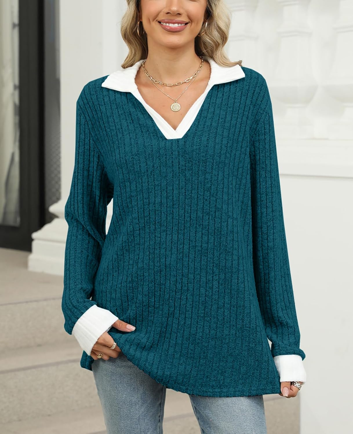 BAISHENGGT Women's Contrast Collared Shirts Casual Long Sleeve Ribbed Fall Tops Lightweight Tunic Sweaters - Image 3