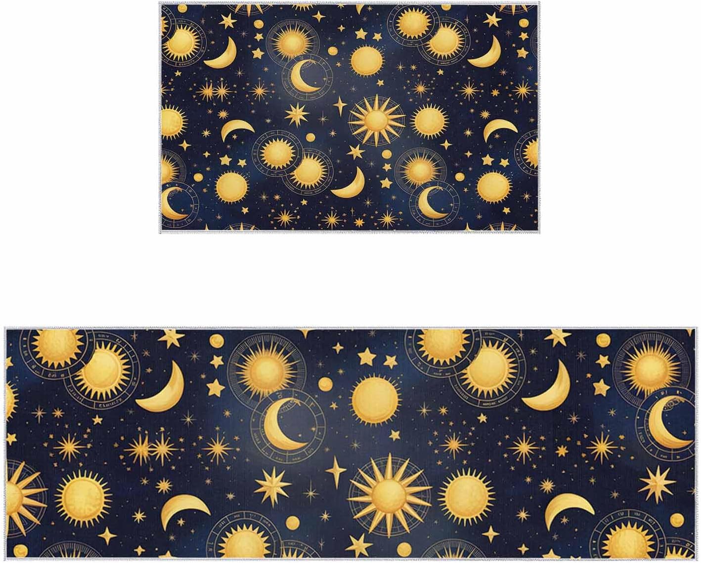 Blue Star Sky Kitchen Rugs Set of 2, Retro Fantasy Farmhouse Gold Moon Sun Washable Bath Shower Door Welcome Runner Area Rug Mat Carpet for Bedroom Bathroom Living Room 20"x 32"+ 20"x 47"