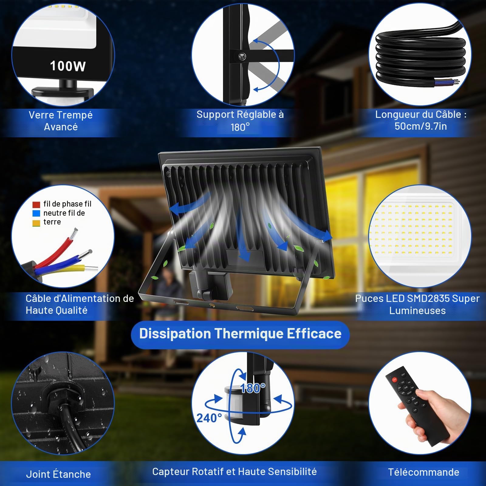 100W Projecteur Led Exterieur Detecteur de Mouvement et Télécommande,Réglables 10 luminosité Spot LED Extérieur,10000LM,7000K Blanc Froid IP67 Etanche Eclairage Exterieur pour Jardin,Garage