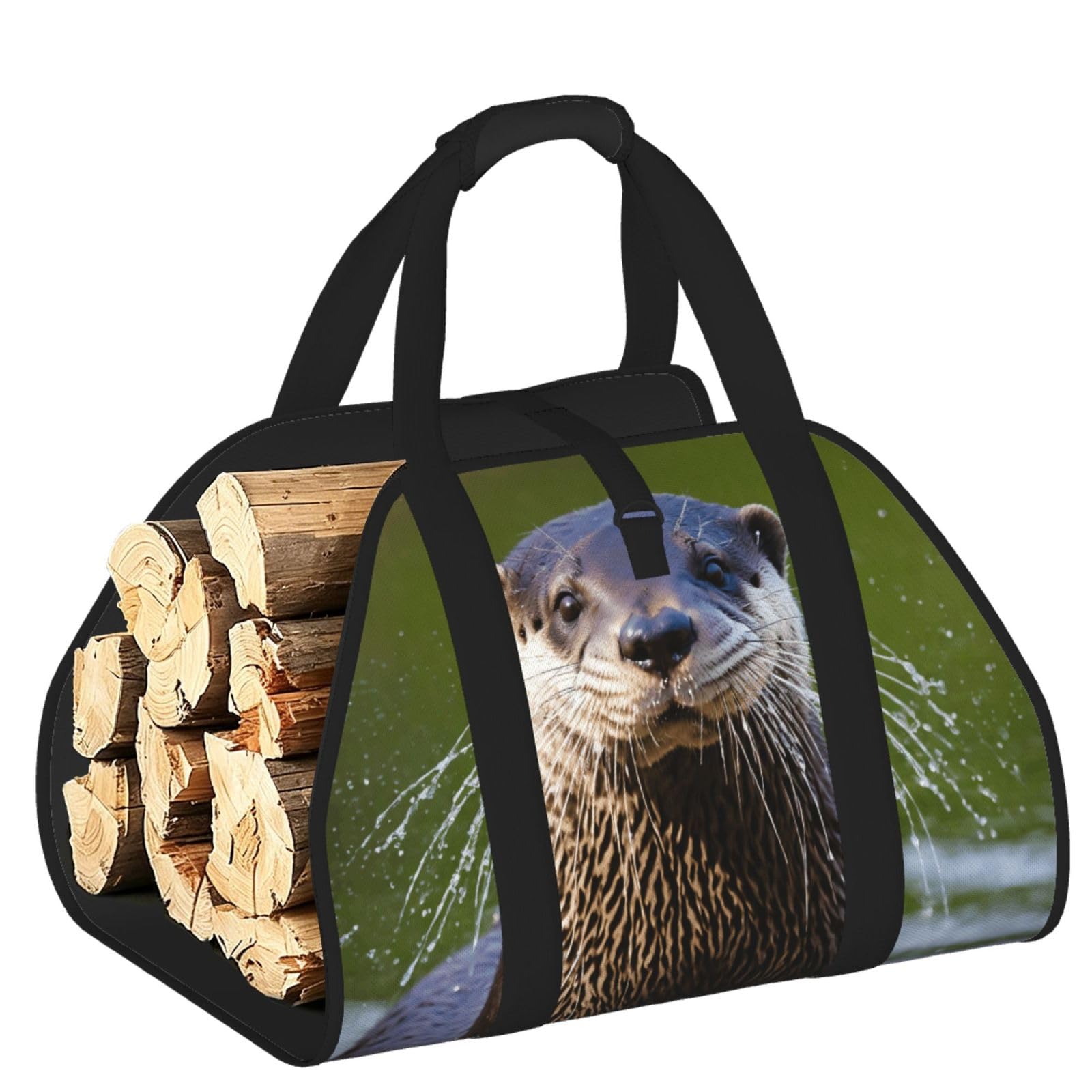 Pphgut Black Animal Cute Brown Otters Print Firewood Bag Wood Carrier Transport Sack Camping Picnic Storage Daily Home