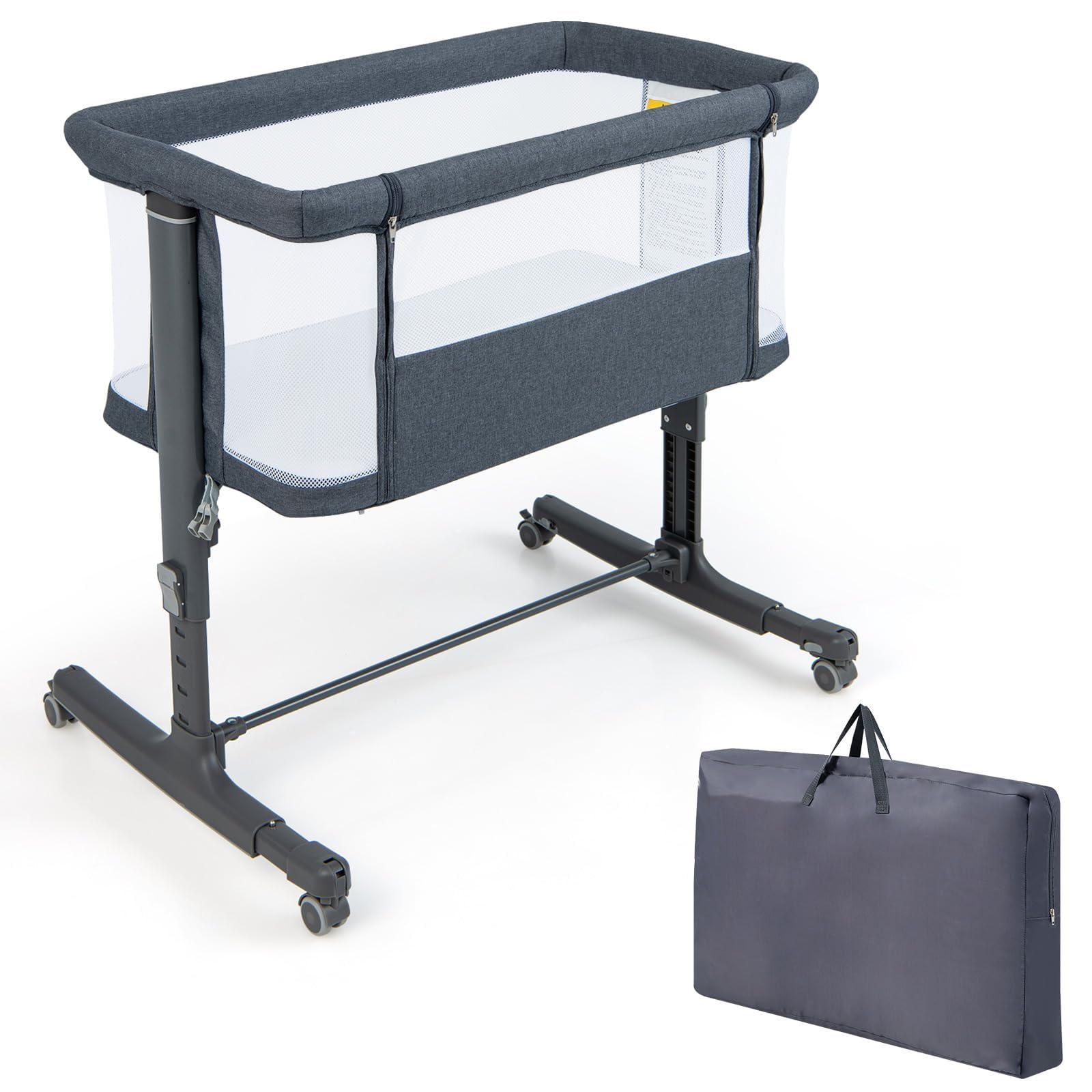 COSTWAY 3 in 1 Beistellbett, Reisebett Baby mit Matratze, Babybett & Babywiege & Kinderbett 5-stufig höhenverstellbar neigbar, Stubenwagen mit Tragetasche bis 9kg belastbar(Dunkelgrau)
