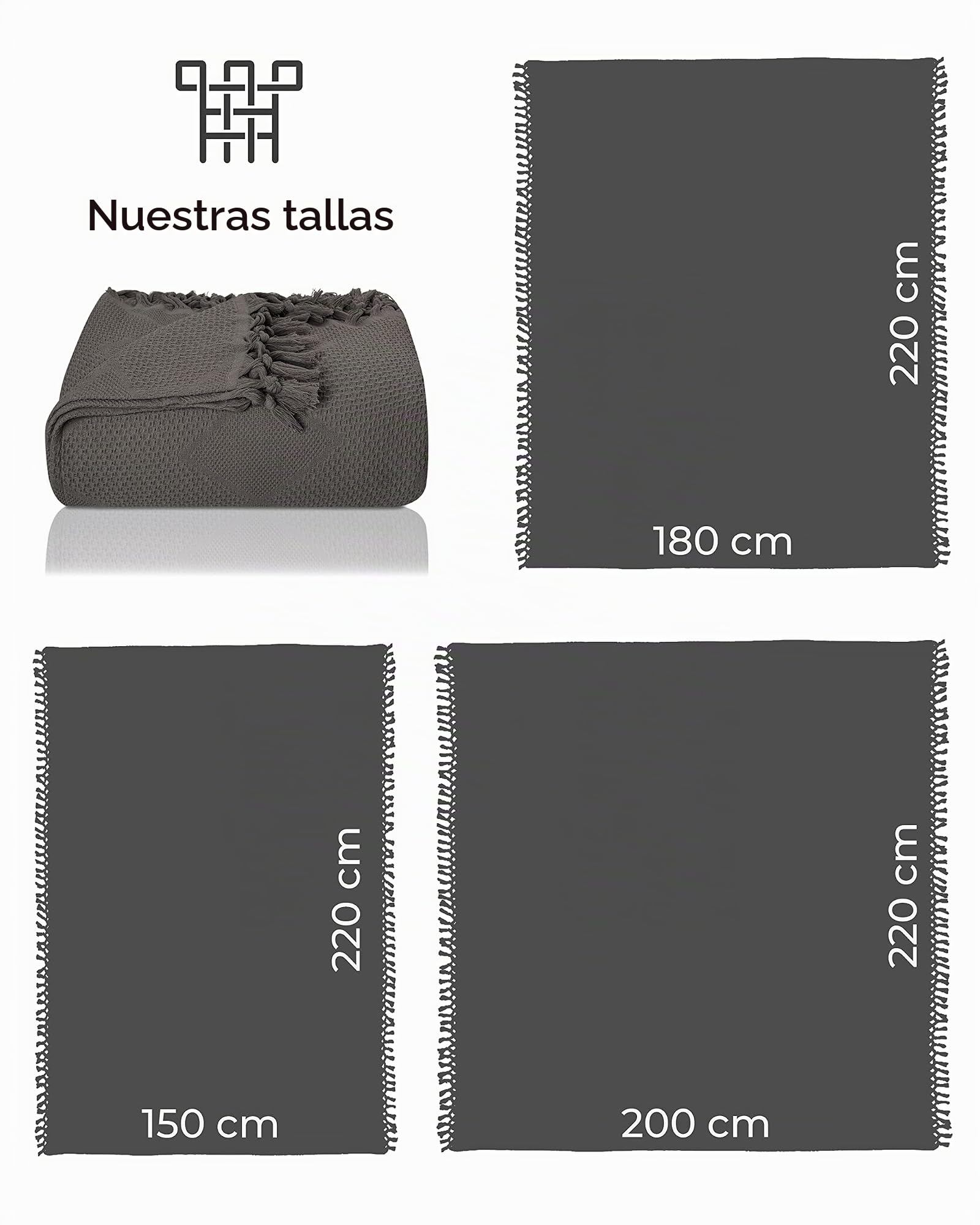 LAYNENBURG Premium Manta sofá con Flecos anudados a Mano - 100% algodón - 200 x 220 cm XXL - Colcha de Verano Waffle Pique - Manta de algodón como Manta de Cama, Colcha para Sofa (Antracita)
