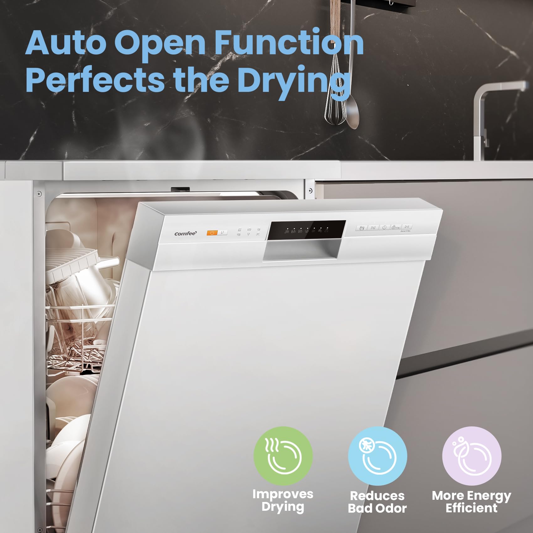 COMFEE' Dishwasher Freestanding with 13 Place Settings, New Upgraded Full Size Dishwasher 60cm Width, CDWPF1301PWD-UK, Auto Door Open Drying, Quick Wash, Hygiene Wash, Delay Start, Half Load -White — view 9