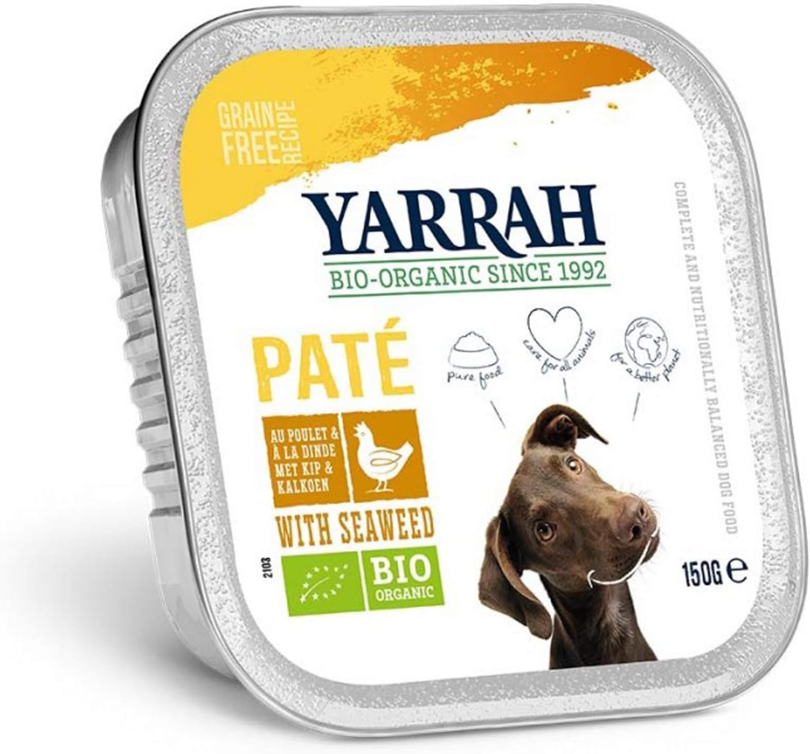 Organic Grain-Free Dog Food Pate with Chicken - only Pure Food, no Artificial additives - with Organic Seaweed - for All Types of Dogs from Puppies to Older Dogs - 150gr