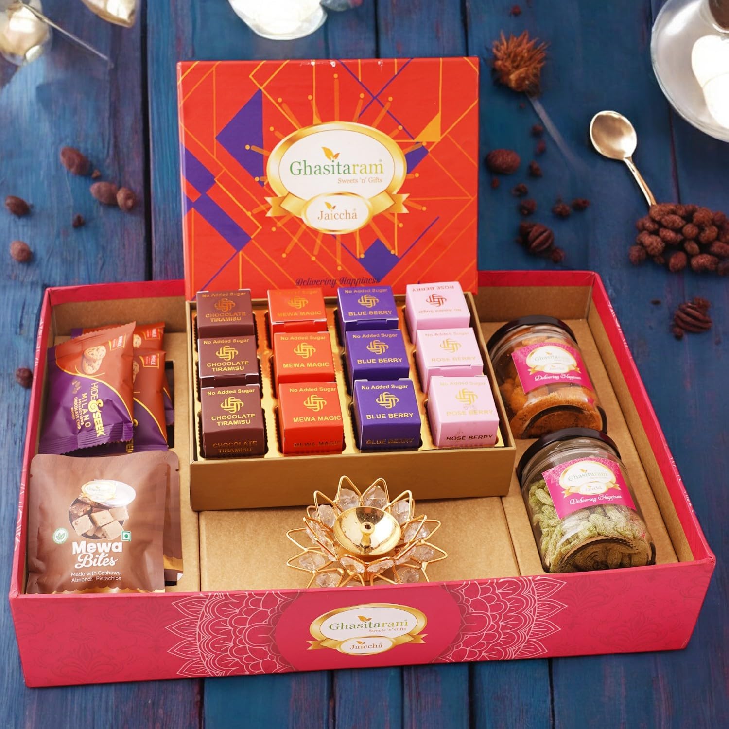 Ghasitaram Gifts Jaiccha Big Hamper Tray with Sugarfree Mewa Bites, diya,Crunchy Cashew,Flavour Raisins,Mewa bites Cookies|Gift for Diwali,Holi,Valentine,Birthday,Anniversary,Mothers Day,Fathers Day|
