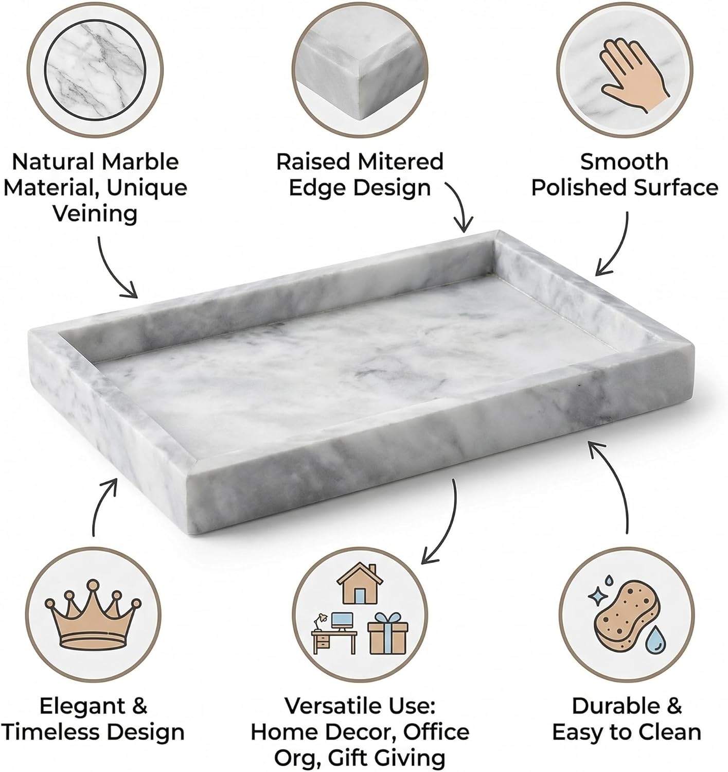 Natural Marble Rectangular Tray for Bathroom Countertop, Decorative Vanity Organizer for Jewelry, Perfume & Cosmetics, Home Decor Gift (25 * 15 * 3cm) (White)