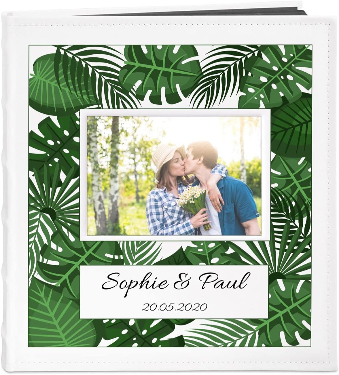 MavertonPhoto Album for couples- White cover with a photo frame and a stylish print - 60 black pages to fill in - Up to 240 images in multiple size - For wedding - For parents - leaves