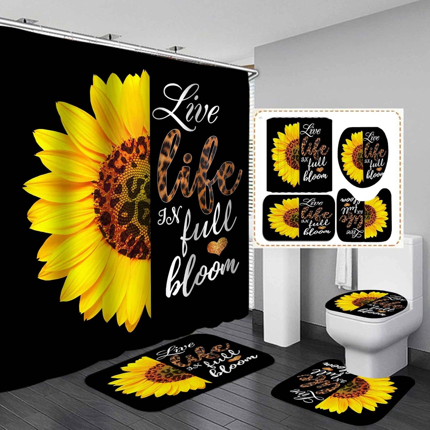 OLEBETY 4PCS Cheetah Leopard Print Sunflower Shower Curtain Set, Black Shower Curtain, Yellow Floral Sunflower Bathroom Decor, Non-slip Bath Mat Bathroom Rugs, Birthday Inspirational Gifts for Women