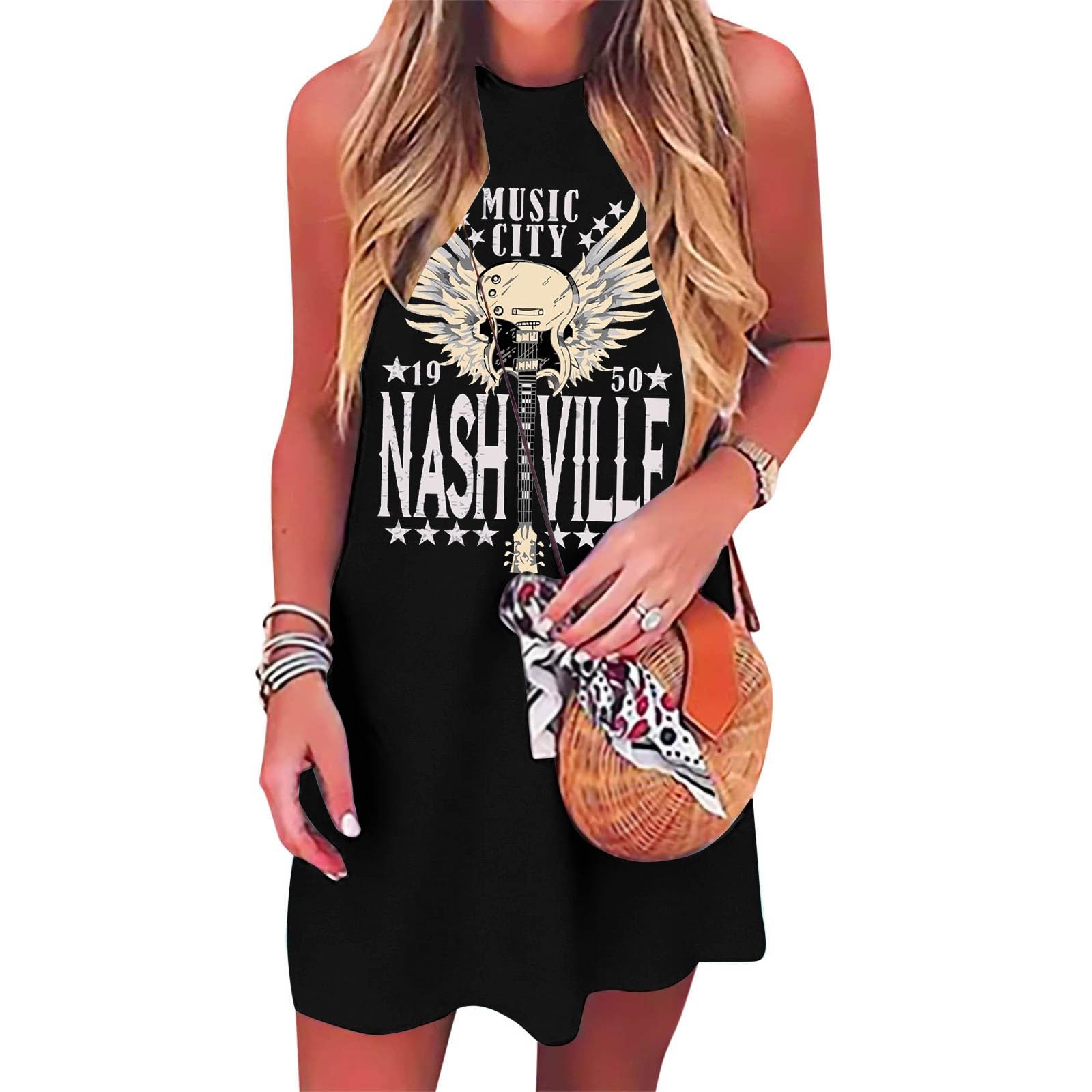 Music City, mini abito da donna, stile country rock, senza maniche, con chitarra grafica
