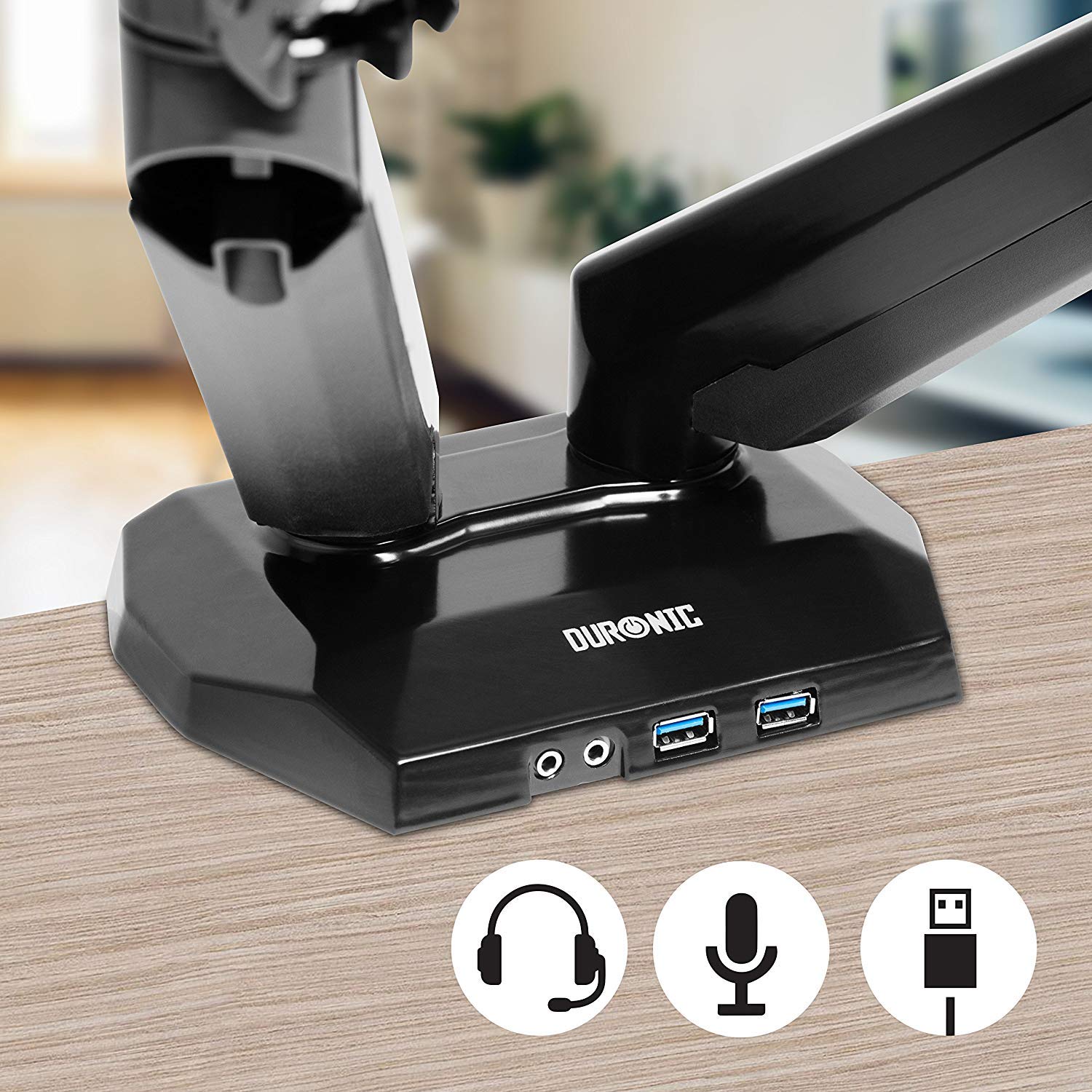 Duronic DMUSB5X2 Supporto Doppio Monitor 13"-27" con Bracci a Molla a Gas | Portata 8kg per Braccio, Altezza Regolabile 50cm, Inclinazione -90°/+85°, Base con Porte USB e Jack Audio, Alluminio