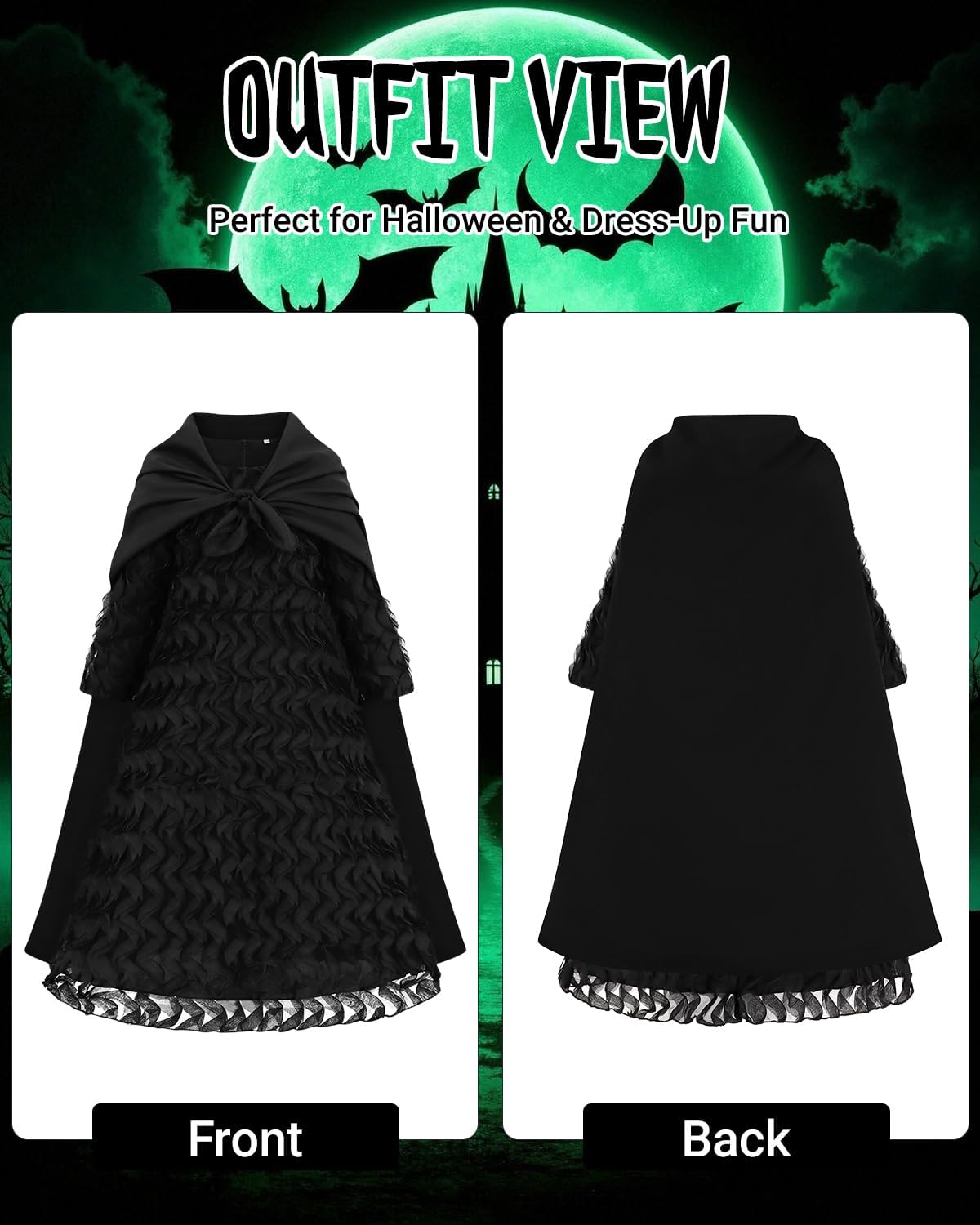 Girls Witch Costume Dress, Black Textured Dress for Kids Halloween Costumes, 6 Pcs Black Witch Cosplay Outfit - Image 3