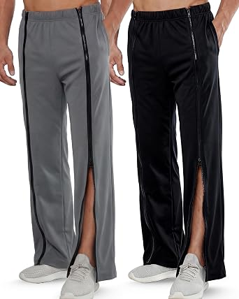 2 Pack Tear Away Pants for Men Sweat Basketball Front Zippers Full Open Sweatpants Post Surgery Pants
