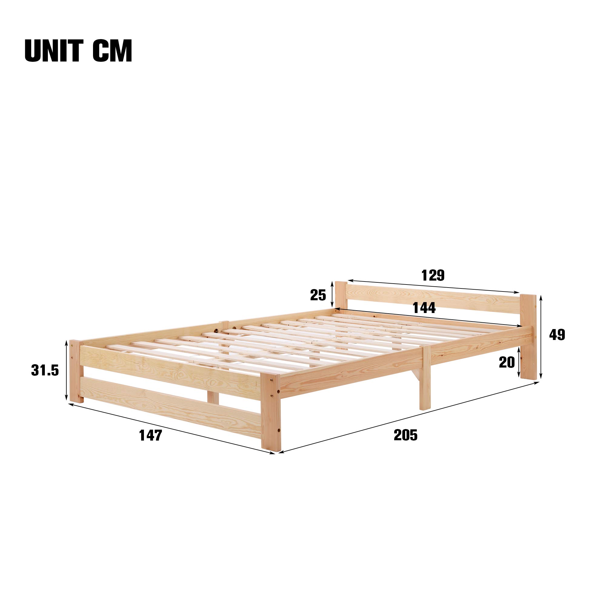 Merax Solide Massivholzbett Futonbett Massivholz Natur Bett aus mit Kopfteil und Lattenrost, Natur (200x140cm)