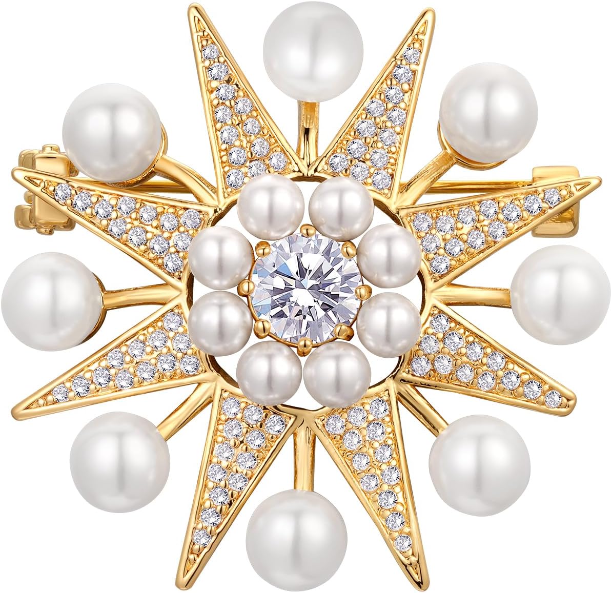 Vintage Pearl Brooch Pin Moon and Star Crystal Rhinestone Brooch 8-Pointed Star Lapel Pin Baroque Pearl Gold pins and brooches jewelry, SHE'S FREE STYLE JUST FOR YOU Metal Plating Process Safety pins