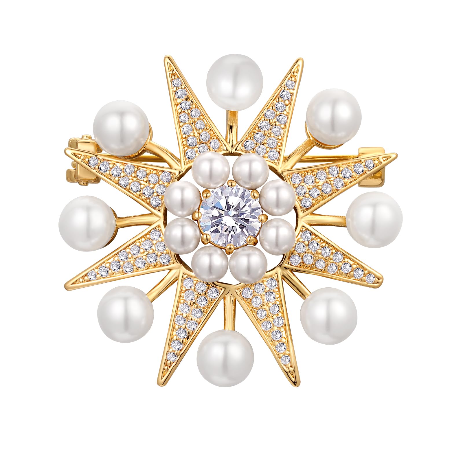 Vintage Perlen-Brosche mit Mond und Stern, Kristall-Strass-Brosche, 8-zackiger Stern, Anstecknadel, Barockperle, Goldstifte und Broschen, Schmuck, SHE'S FREE STYLE JUST FOR YOU Metallbeschichtung