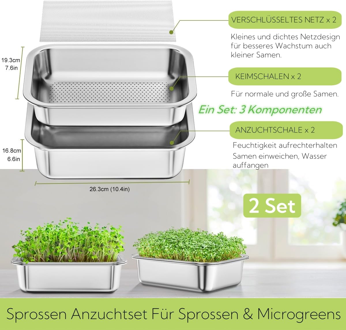 Magicbox Lot de 2 germes en acier inoxydable - 26 x 19 cm - Pour germes et microverts - 2 en 1 - Double taille - En acier inoxydable - Passe au lave-vaisselle