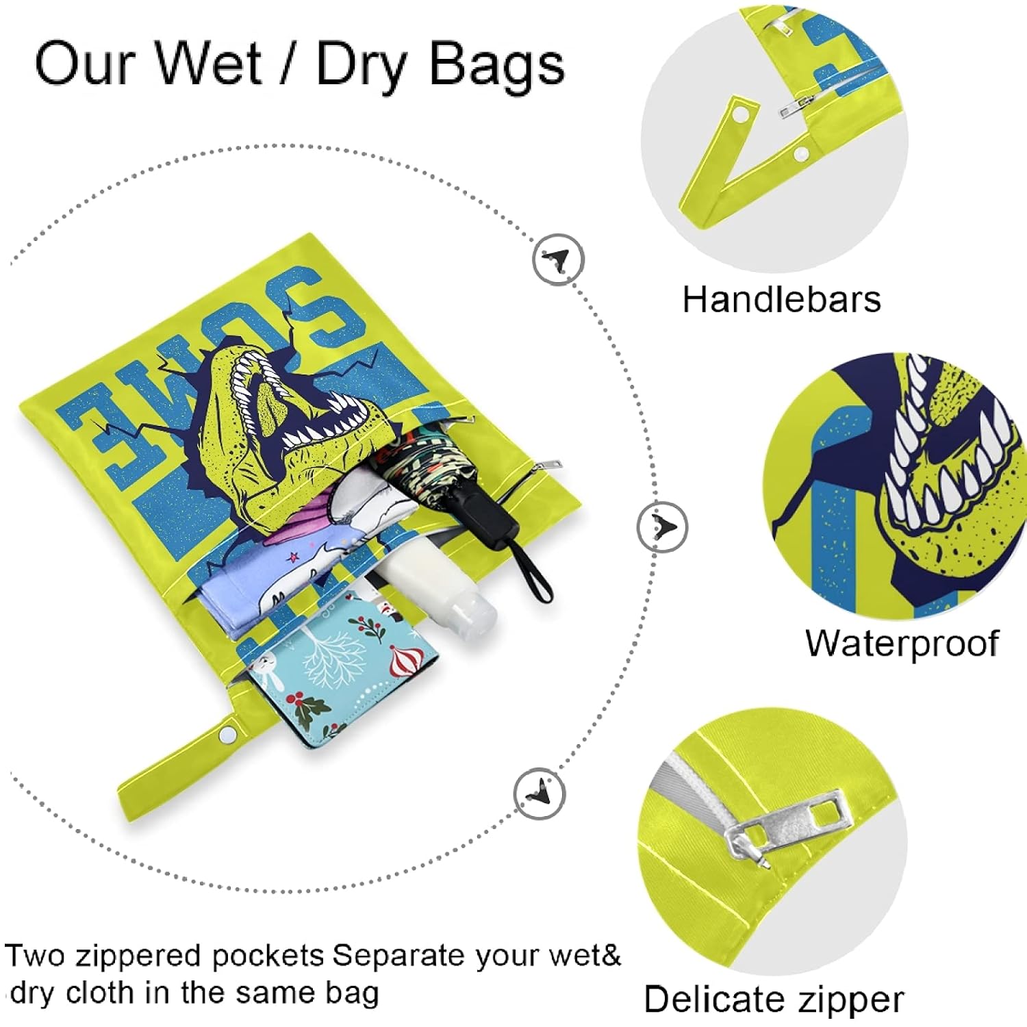 visesunny Cartoon Dinosaur 2Pcs Wet Bag with Zippered Pockets Washable Reusable Roomy for Travel,Beach,Pool,Daycare,Stroller,Diapers,Dirty Gym Clothes, Wet Swimsuits, Toiletries image 5