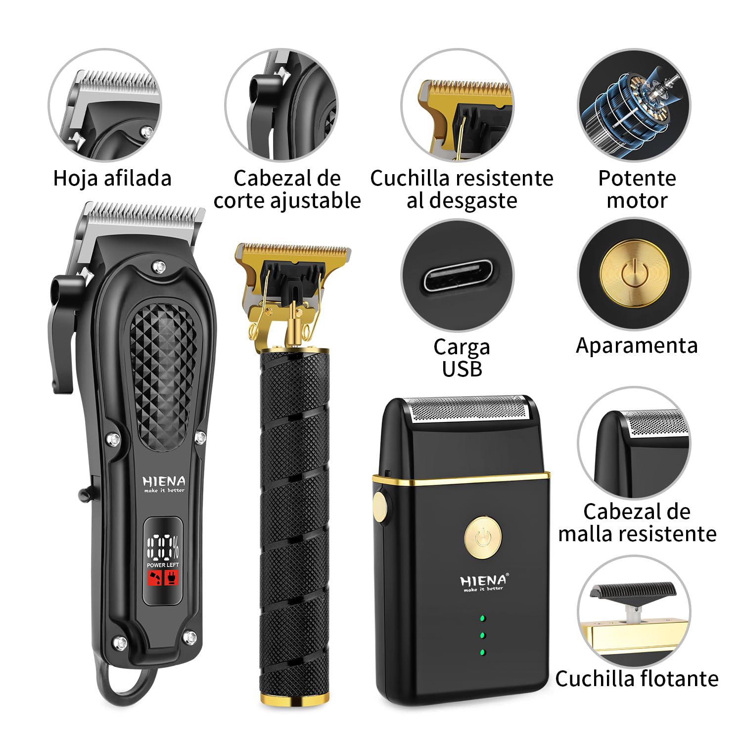 HIENA PRO Maquina de Cortar Pelo Inalámbrico Cortapelos Recortador de Barba Kit Completo 3 Piezas