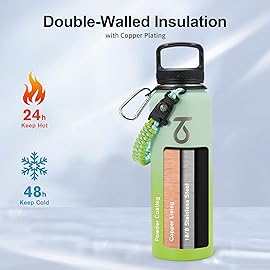 Trebo 40oz Water Bottle Insulated with Lid and Straw,Double Wall Vacuum Stainless Steel Metal Sports Flask with Paracord Handle, Keep Hot 24 Hours & Cold 48 Hours Water Jug with 3 Lids, Dark Green