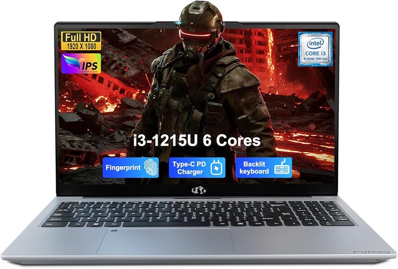 NIMO 15.6" IPS FHD-Student-Laptop, Intel i3-1215U (6 Cores Up to 4.4 GHz, Beats R5 7520U) 8GB RAM 128GB SSD with 65W Fast PD 2-Yr Warranty 180° View Wi-Fi 6 Backlit KB Fingerprint Bluetooth 5.2 Win 11