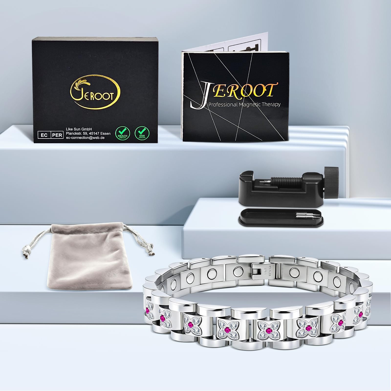 JEROOT Magnetarmband Damen Herren Titanstahl Silber 6000 Gauss verstellbar