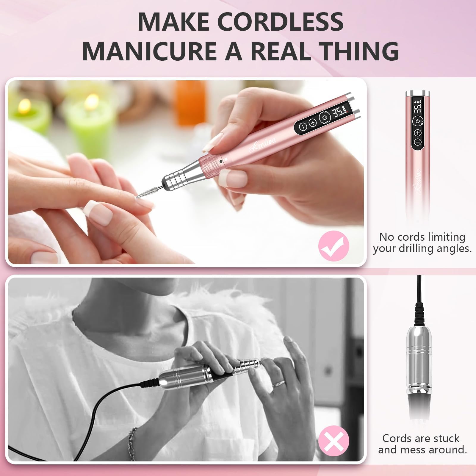 Kredioo Torno para Uñas Profesional, Inalámbrico Recargable 35000 RPM | Velocidad Ajustable, Recargable Lima Electrica Uñas, Lápiz Manicura y Pedicura, Pulidor Portatil, Kit con 6 Brocas