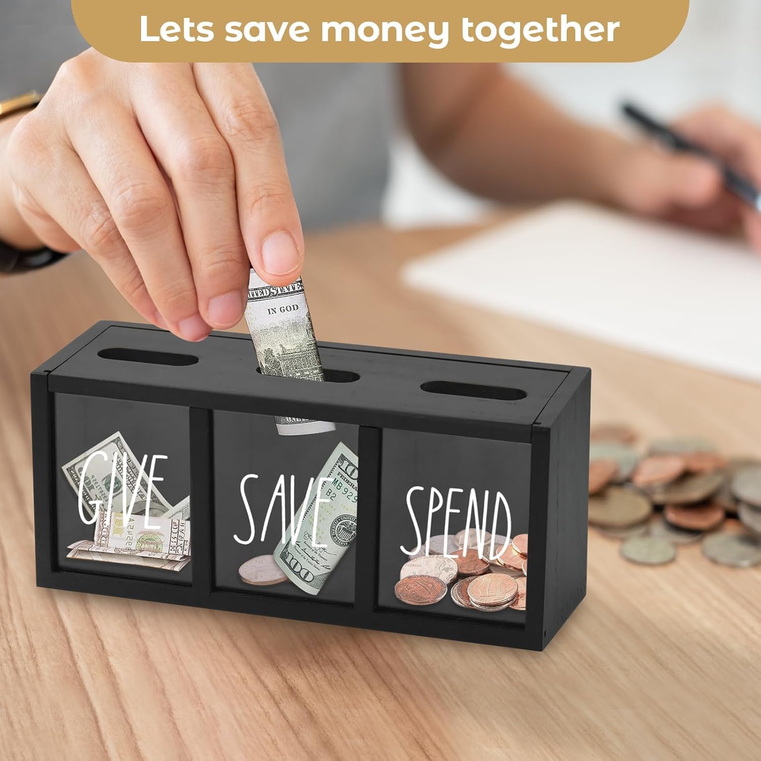 2 Pcs Piggy Bank for Kids Girls Boys, Wooden Give Save Spend Bank for Money Saving Box, Rustic Coin Banks for Adults, Change Coin Jar for Piggy Bank Toy, Early Ideas for Kids