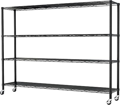 4 Tier Rolling Display Rack Adjustable Shelves Heavy Duty Iron Storage Shelves with 4 Wheels Mobile Commercial Shelving Unit Powder Coated Black Commercial Shelving Units for Retail Warehouse Home Use