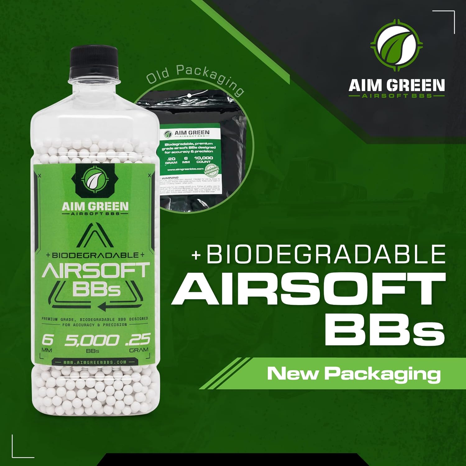 Aim Green Biodegradable Airsoft BBS, Premium-Grade 6mm Airsoft BBS, 20g, 25g, 32g, 36g, 40g, 2,500, 5,000, 10,000 Count