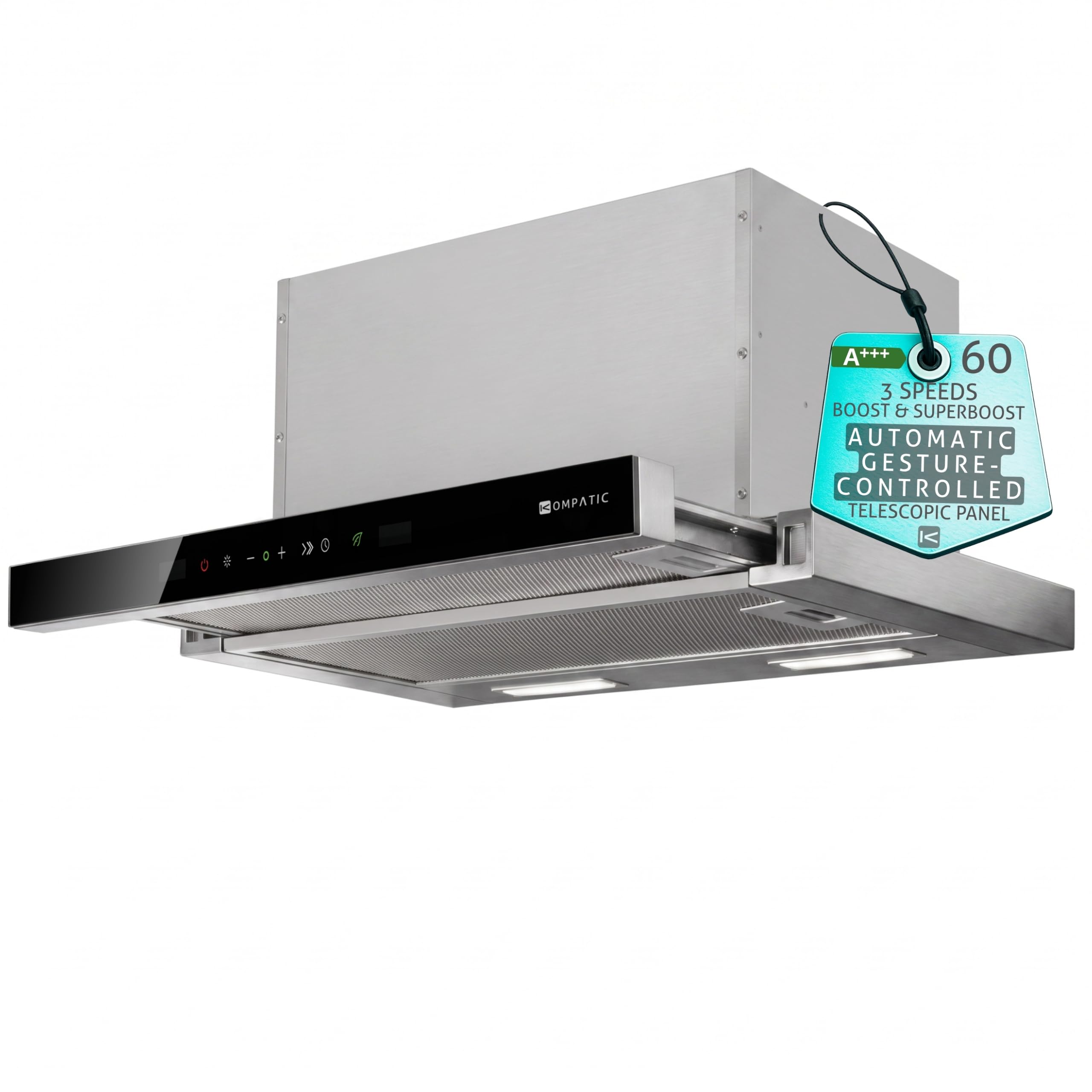 Hotte Télescopique Encastrable Kompatic Novia 60 KNA60TS, Moteur Brushless 800 m³/h, Commande Gestuelle et Tactile, Classe A+++, 3 Vitesses + 2 Boosts, LED, Minuterie, Inox