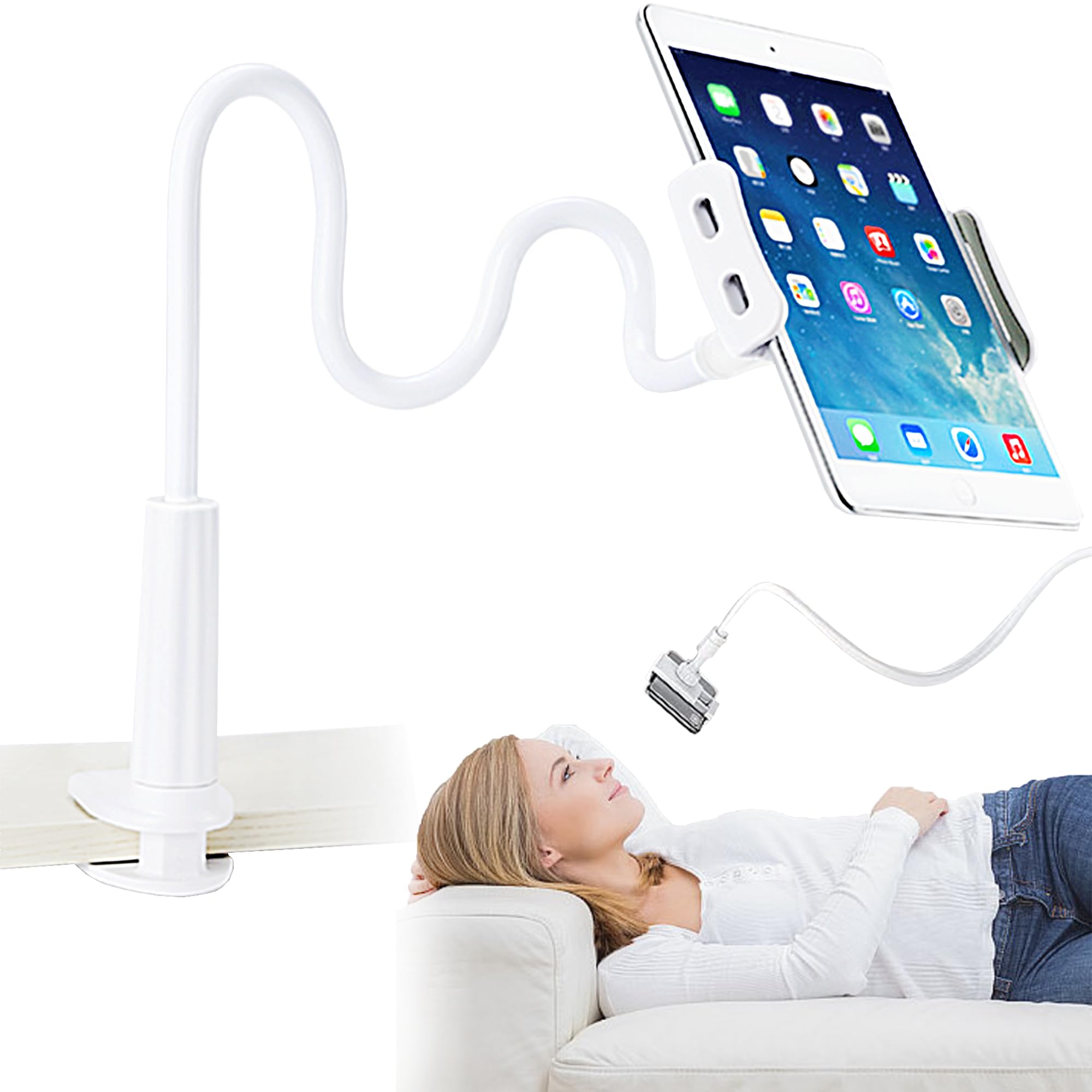 Support de Téléphone, Universelle Lit Support Telephone Bureau Rotation 360° Support,80 cm de Longueur Totale, Gooseneck Support Réglable, Bras Extensible (Blanc)