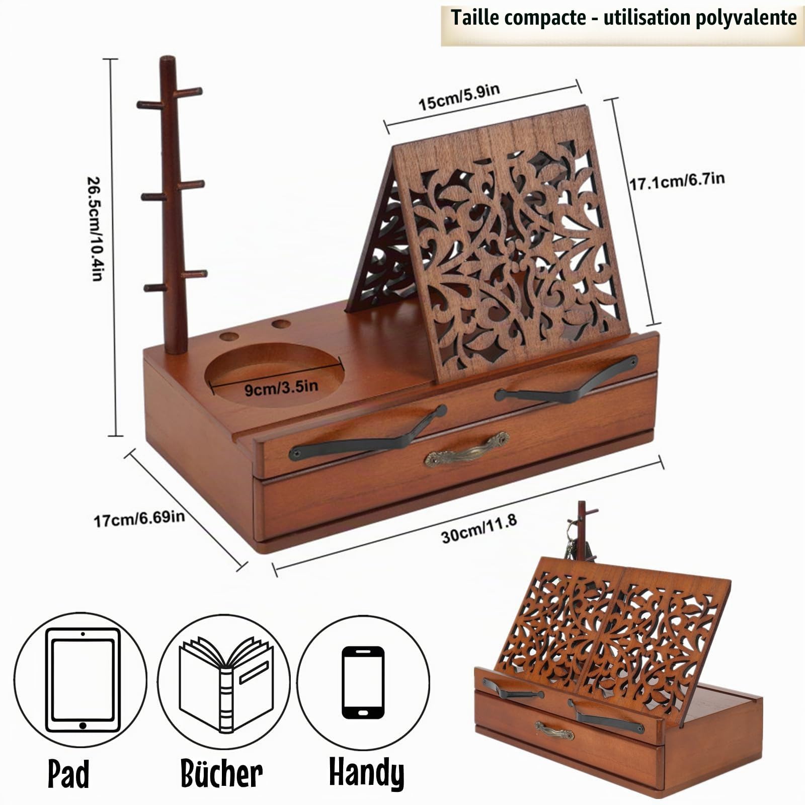 Support de Lecture en Bois avec Tiroir, Porte-stylo et Porte-tasse, Support de Livre Triangulaire pour Bureau et Table de Chevet