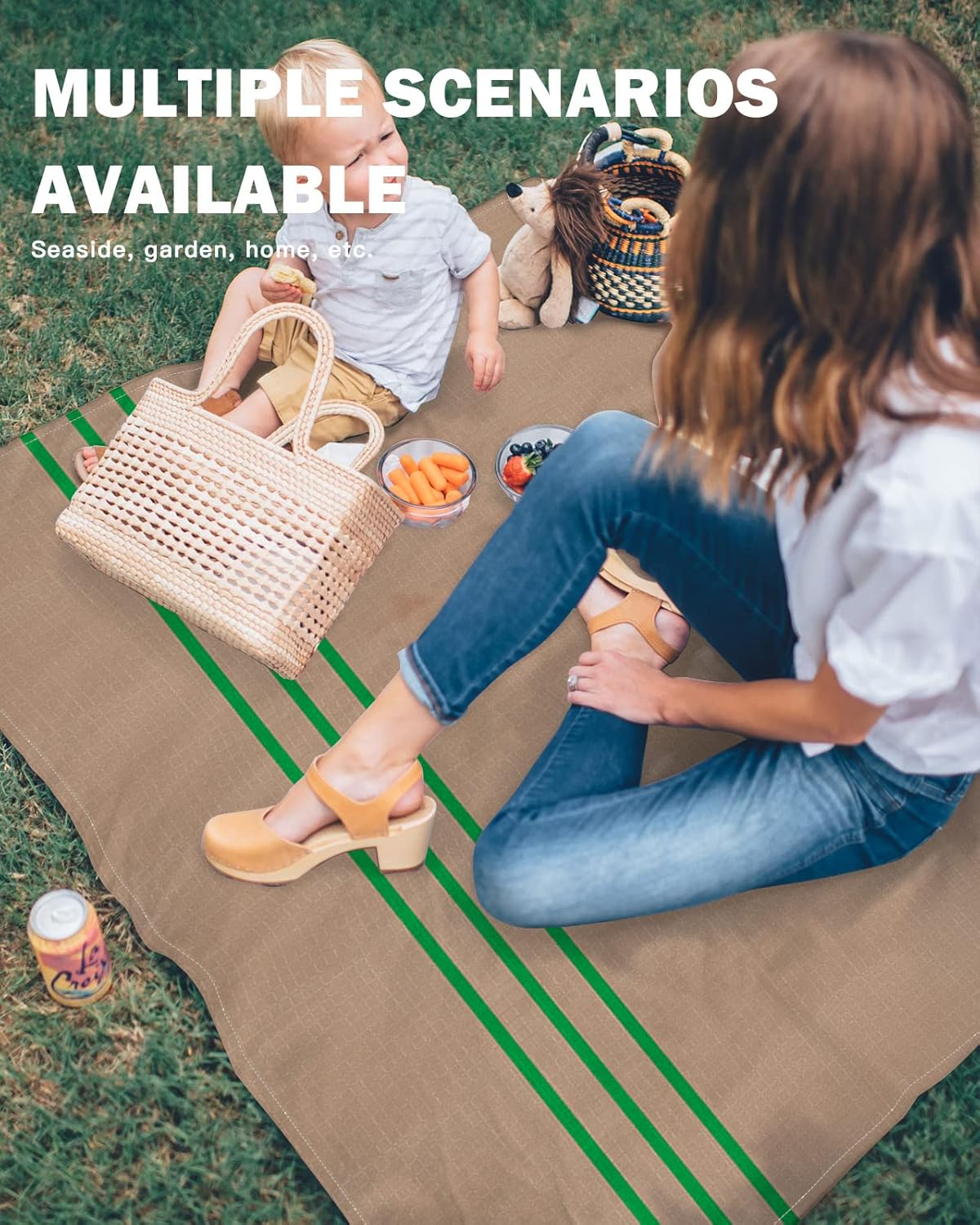 Vintage Green Line Stripes Beach Blanket Waterproof Sandproof Outdoor Picnic Mat 83"x79" Retro Brown Lightweight Large Beaach Blankets with 4 Stake & 4 Corner Pockets