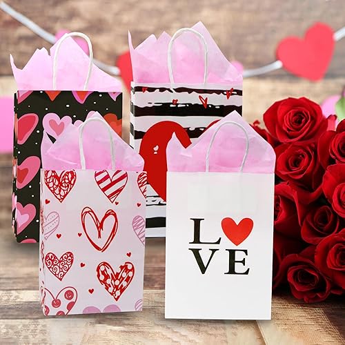 Miniatura 8 de Tuzuaol Paquete de 12 bolsas de regalo para el día de San Valentín con papel de seda para niños, bolsas de papel de San Valentín con asa para