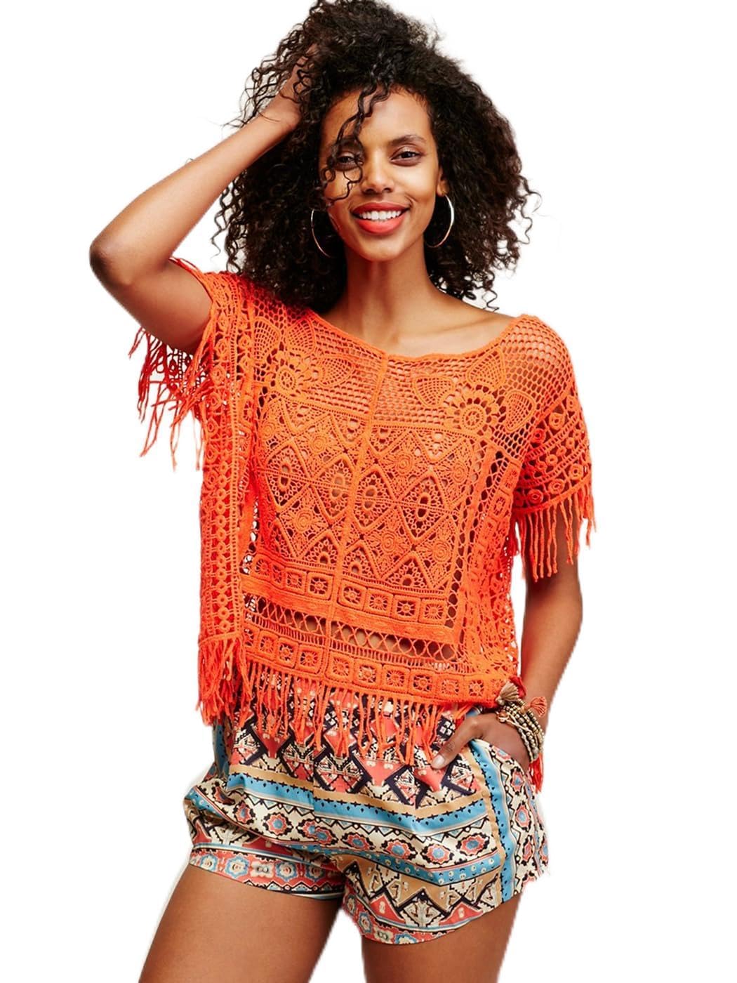 LYXYGMV Jastie Boho Crochet Chic Lace Top Tassel Batwing Sleeve Loose Casual Beach Blouse Shirt Hollow Out Floral Embroidery Women Shirt for Parties and Gatherings(Orange)