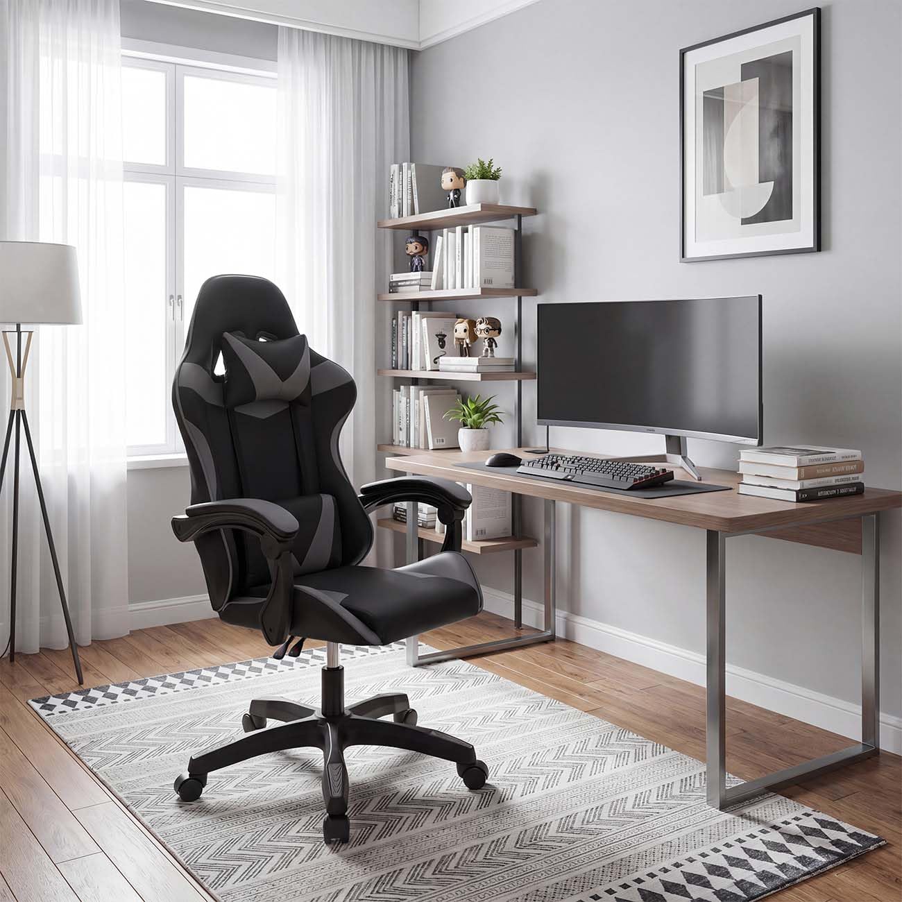 duehome | Silla Gaming Ergonómica Reclinable con Cojín Lumbar y Cervical, Ruedas 360°, Modelo Viper, Acabado en Negro y Gris, Medidas: 56 cm (Ancho) x 53 cm (Largo) x 117-128 cm (Alto)