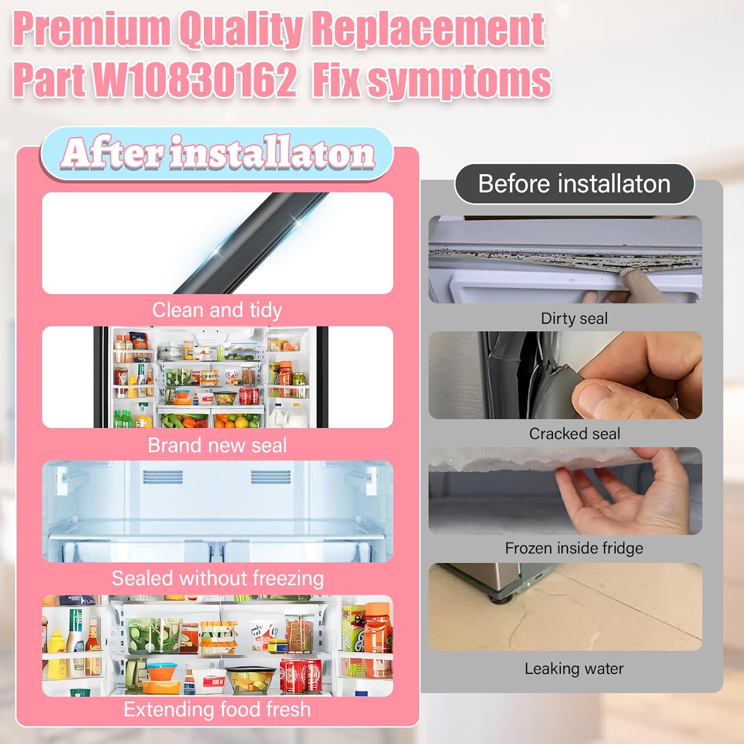 LXun Upgrade 39.7x16.9 in W10830162 Refrigerator Door Gasket Seal Compatible with Kenmore Refrigerators Door Seal for KitchenAid Whirlpool Refrigerator Parts 12723206AP W10179332 W10199876-2 PACK