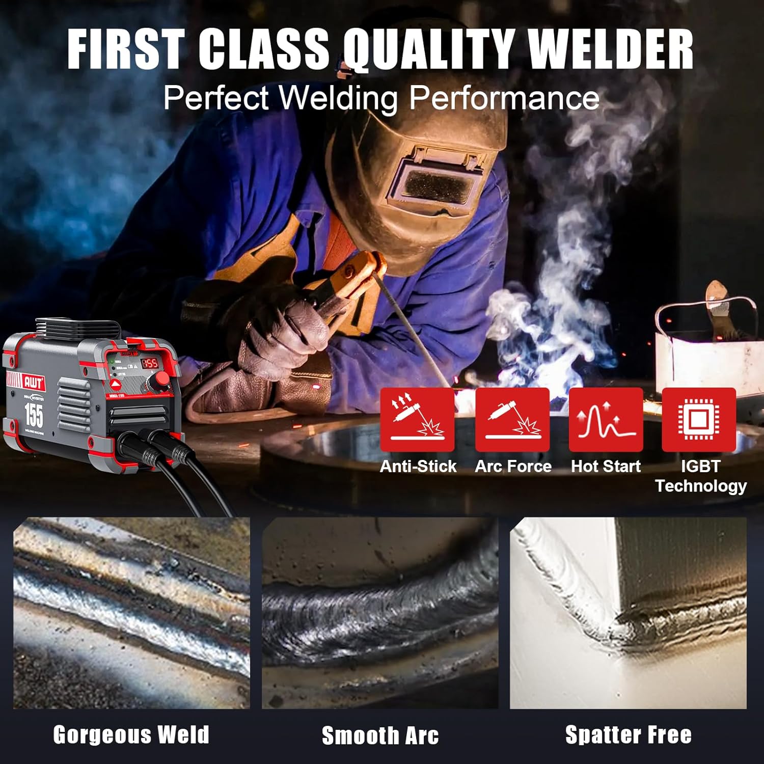 AWT Stick Welder 155Amp Mini Welder 2 in 1 ARC Welder/Lift TIG Welding Machine 110/220V with VRD, Digital Display IGBT Inverter Welder Portable MMA Welder Machine with Hot Start,Arc Force, Anti-Stick