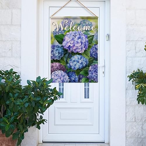 Miniatura 6 de Hzppyz Bandera de bienvenida con flores florales de primavera de doble cara, hortensias decorativas para jardín, patio, decoración grande al aire