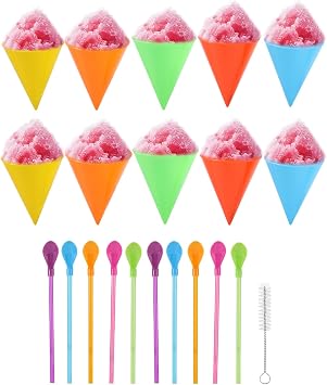 Lyreh 10pcs Reusable Snow Cone Cups with 10pcs Straw Spoons & Brush, 5 Colors 4.1x3.1 Inch Plastic Shaved Ice Cups for Nostalgia & Cuisinart Snow Cone Machines