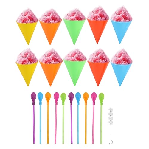 Lyreh 10pcs Reusable Snow Cone Cups with 10pcs Straw Spoons & Brush, 5 Colors 4.1x3.1 Inch Plastic Shaved Ice Cups for Nostalgia & Cuisinart Snow Cone Machines