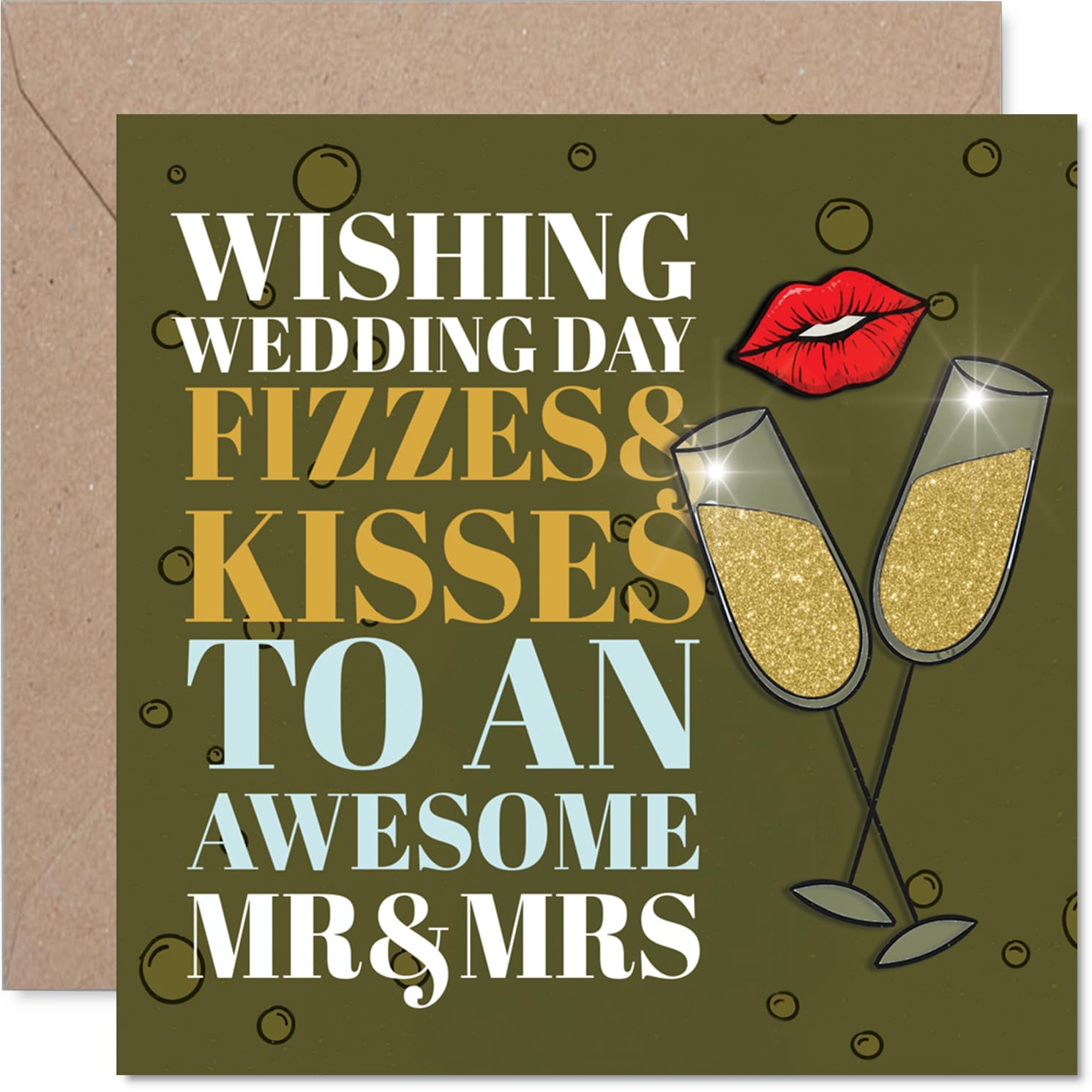 Playful Wedding Card - Fizz, Kisses and Wedded Bliss - Champagne Glasses and Kiss Mark in Bold Gold - 145mm Square, Envelope Included