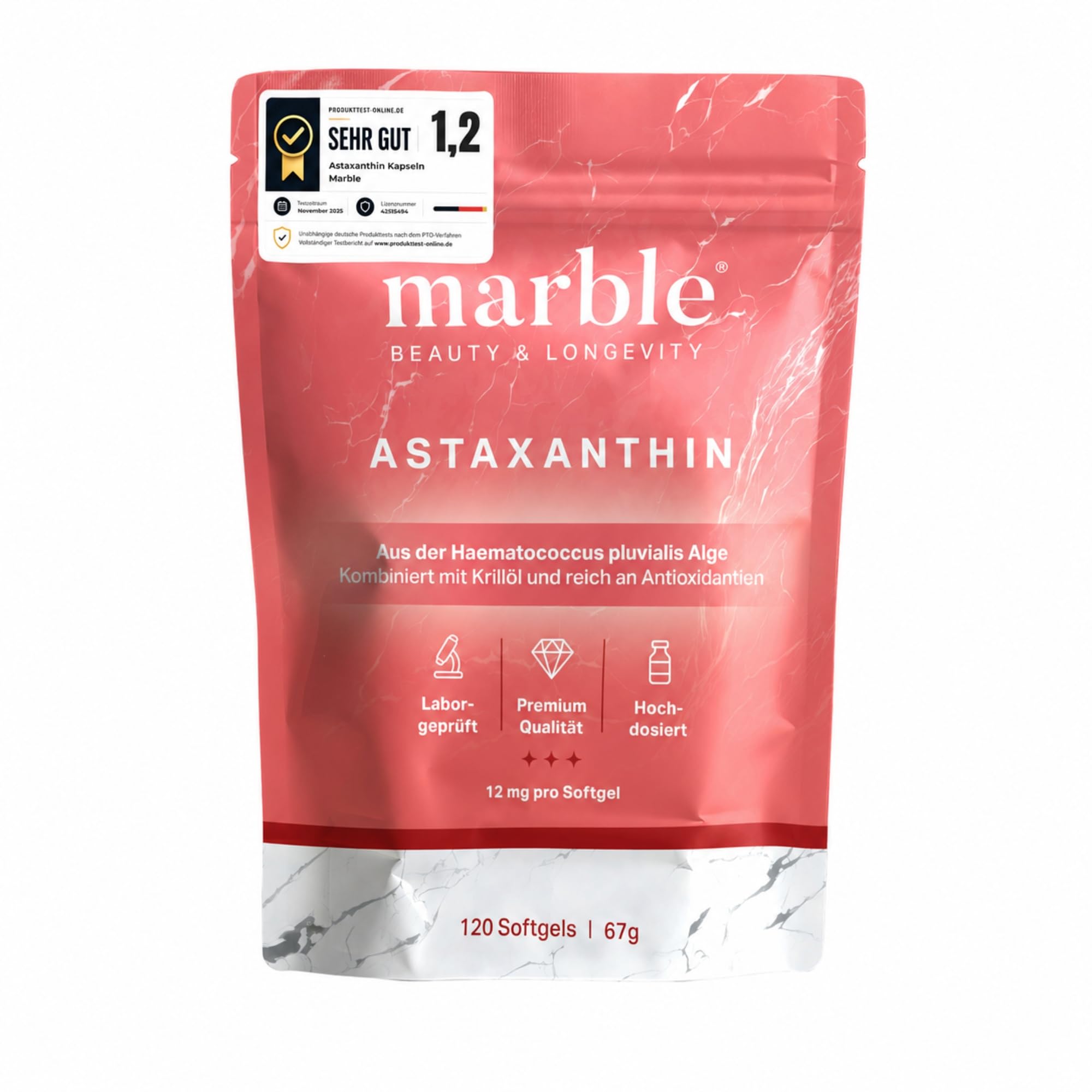 marble® Astaxanthin, 12 mg + Krillöl – 4 Monatsvorrat – Astaxanthin hochdosiert aus Haematococcus Pluvialis Alge – laborgeprüft, Made in Germany – 30 Tage risikofrei testen
