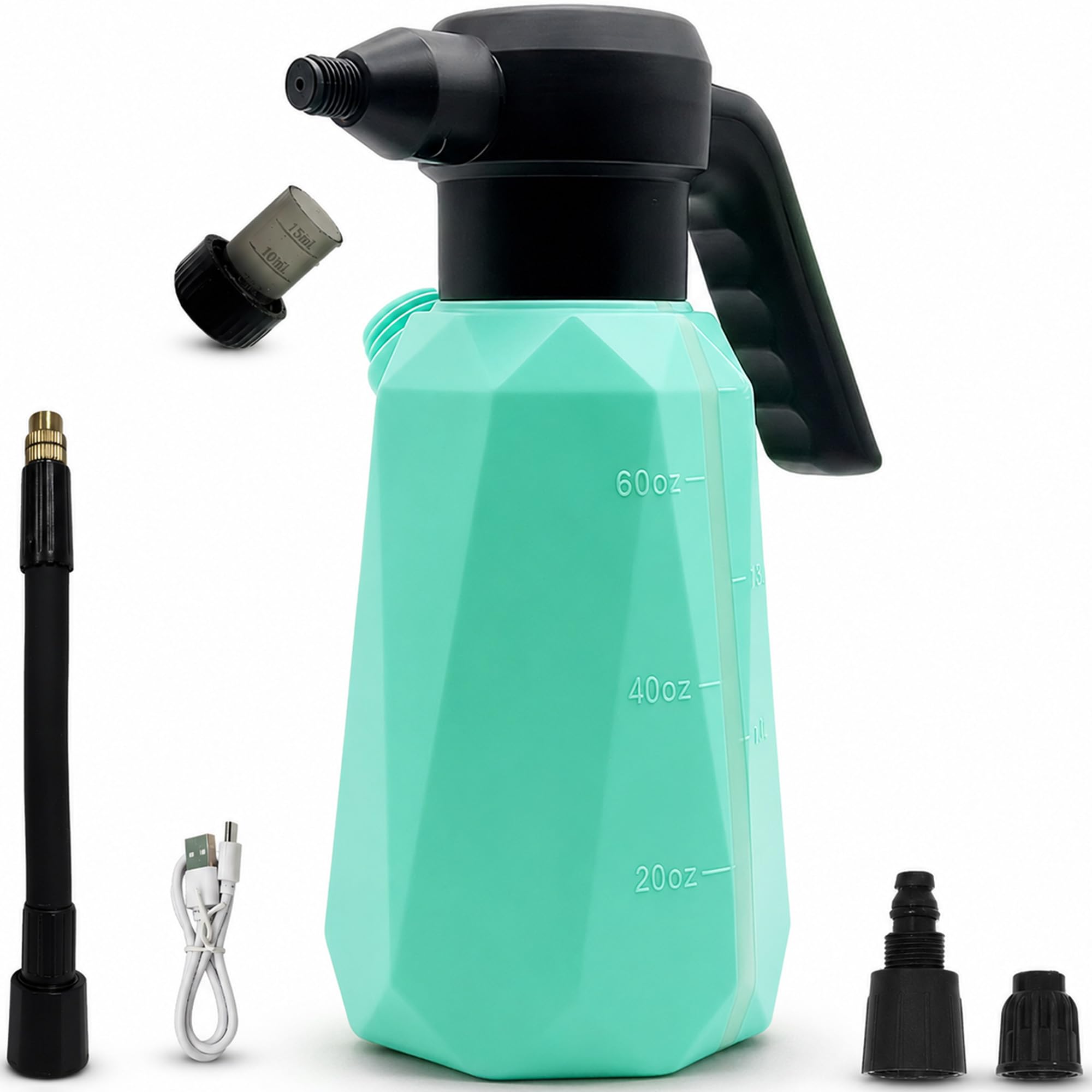 Battery Powered Sprayer, 1/2 Gallon Electric Spray Bottle with 2200mAh Battery 3H Runtime, 3 Speeds 2 Nozzles, Flexible Rubber Wand, Transparent Tank with Measuring Cup Cap, Blue
