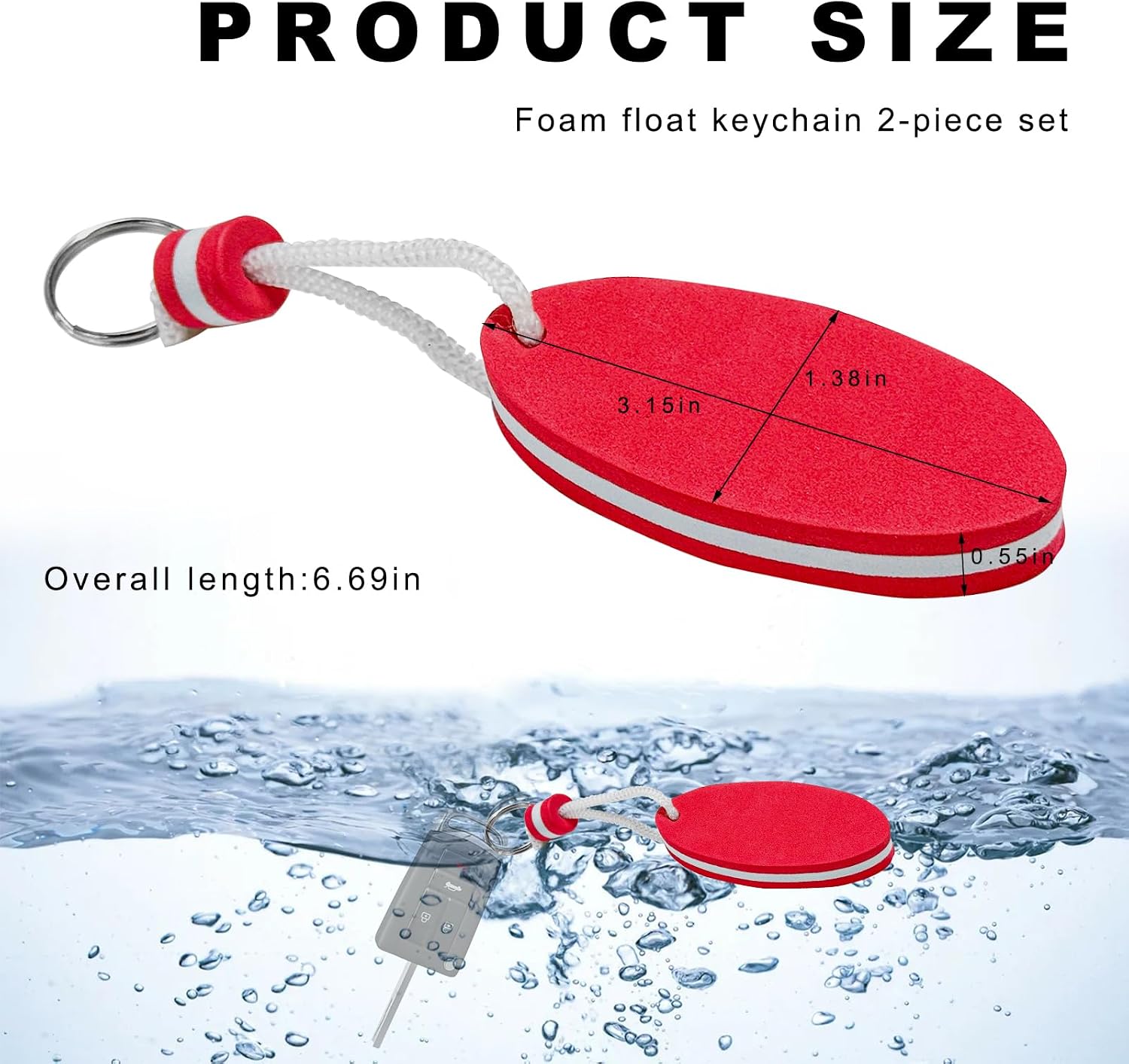 2 PCS Floating Keychains, Oval Foam Key Fob Float Buoy Pendant, Waterproof Key Ring for Boating Fishing Surfing (Red)