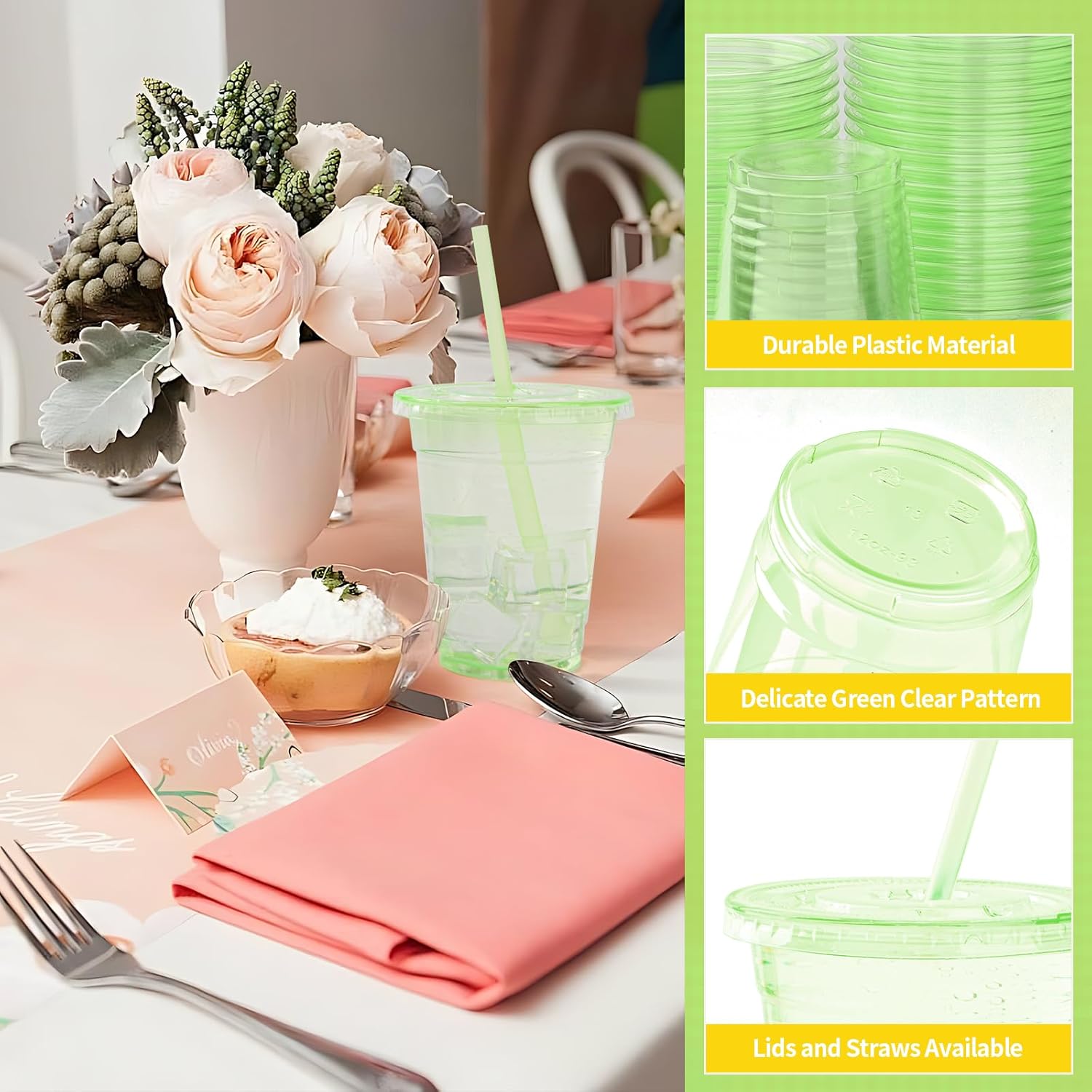 100 Set Green Plastic Cups with Lids and Straws 12 oz Disposable Drinking Clear Cups for Wedding Green Birthday Party Supplies
