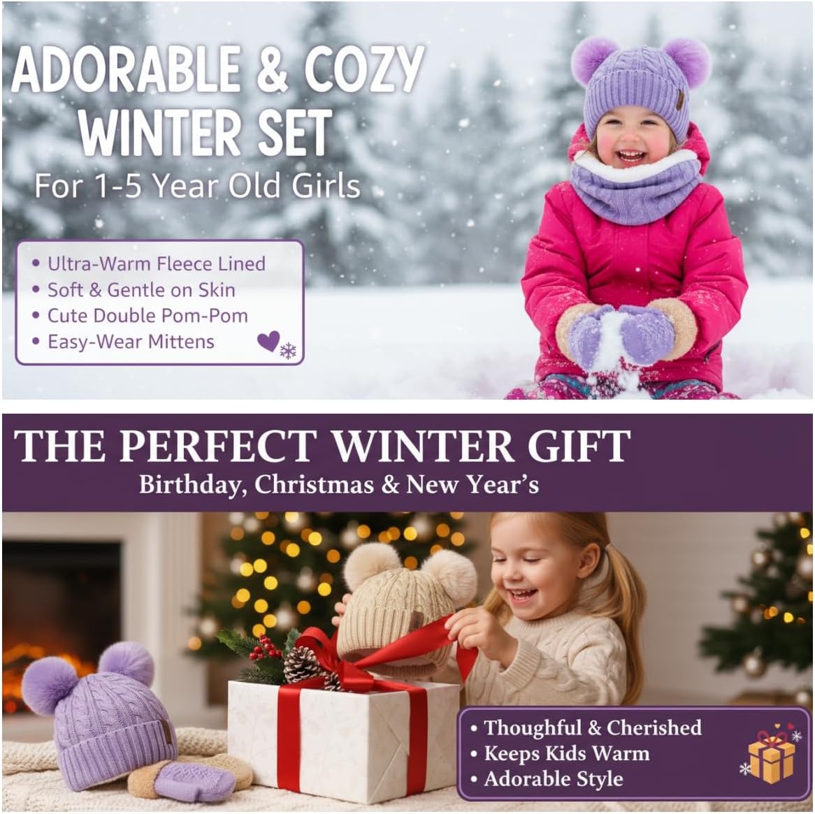 Kids Winter Beanie Scarf Gloves Set with 2 Pompom - Thermal Thick Fleece Lined Hat, Neck Warmer & Mittens for 1-10 Boys Girls