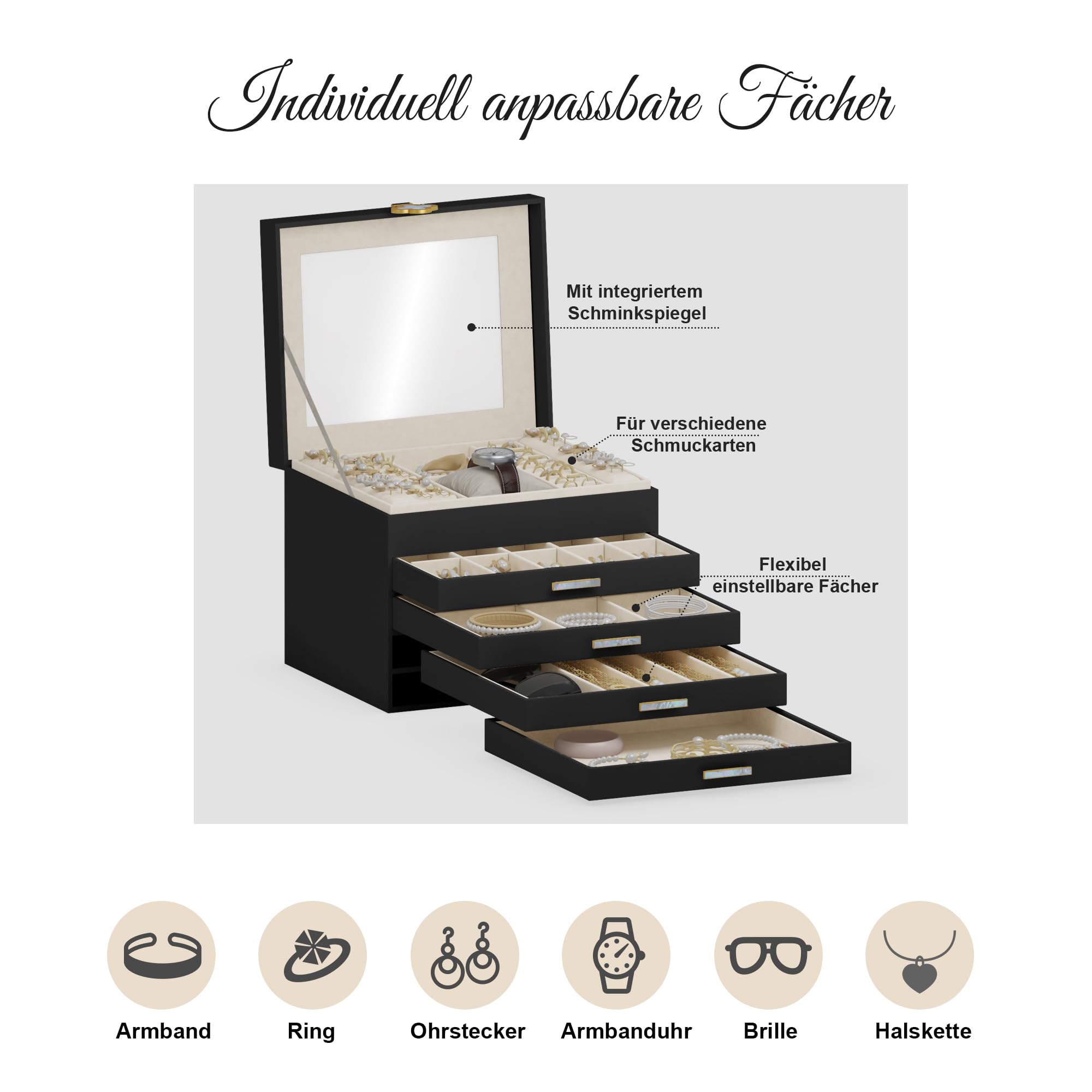 ADEL DREAM Portagioie a 5 ripiani con bottone a forma di quadrifoglio, con vassoio estraibile, con grande specchio, scomparti regolabili fai da te, per mamme e ragazze, colore nero